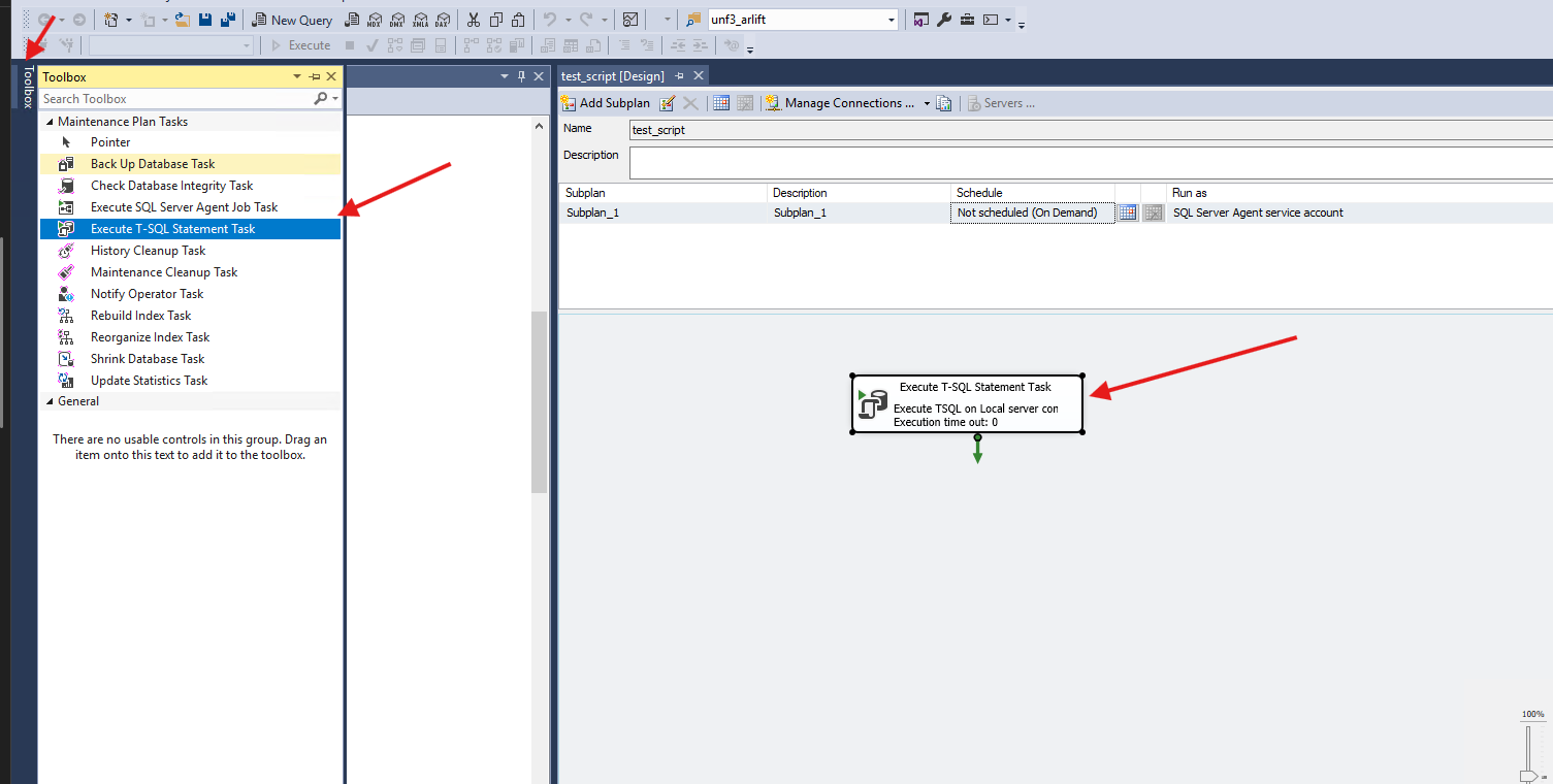 Добавить задачу Execute T-SQL Statement Task