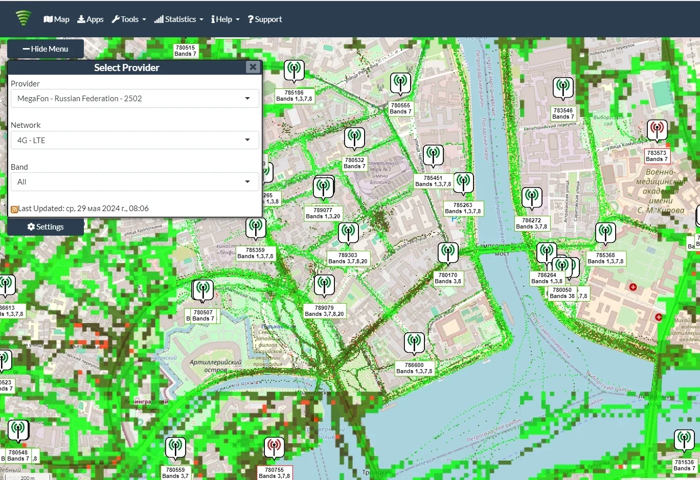 Пример карты покрытия Cellmapper