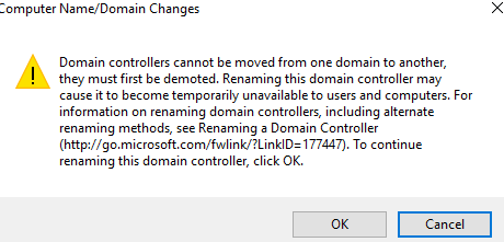 ошибка при переименовании контроллера домена Renaming this domain controller may cause it to become temporarily unavailable to users and computers
