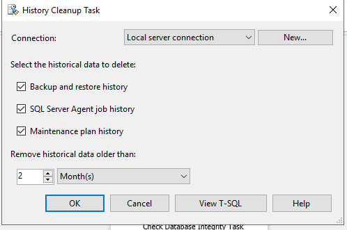 В «History Cleanup task» выбираем все пункты, и желаемый период хранения журналов