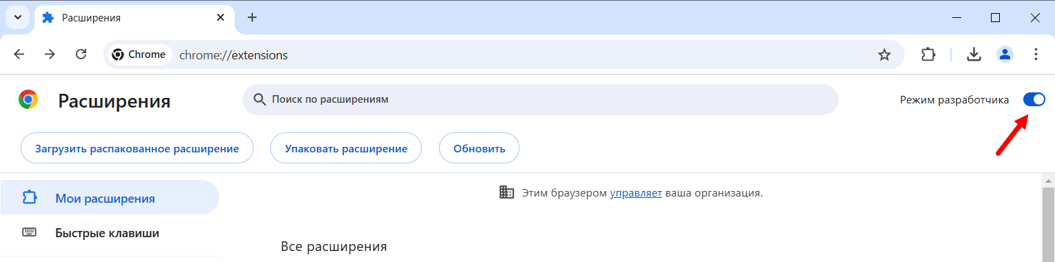 В правом верхнем углу окна включите Режим разработчика