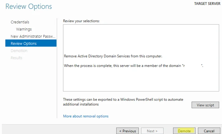 понизить контроллер домена в Windows Server 2019