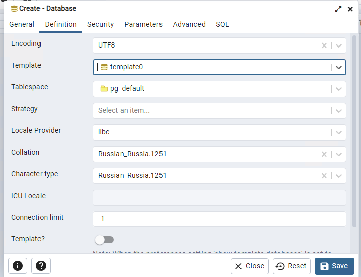 Создать пустую базу в pgsql с настройками как на скриншотах ниже