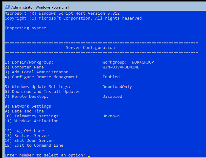 настройка windows server core с помощью утилиты sconfig