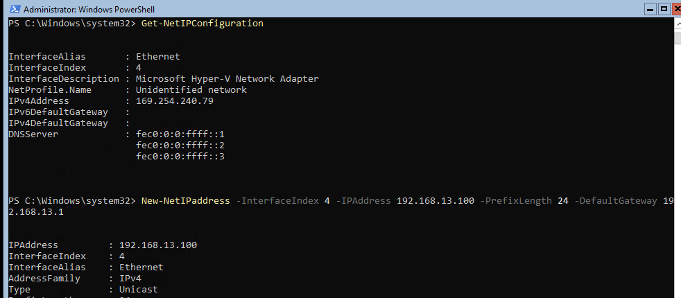 задать ip адрес в windows server core с помощью powershell