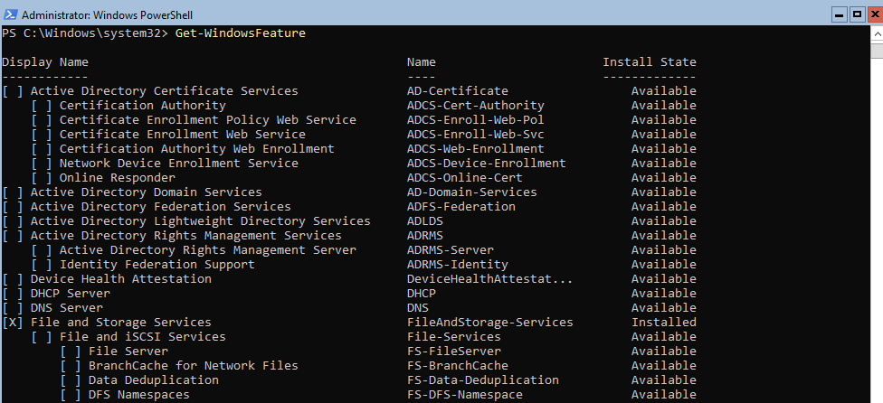 список всех ролей в windows server core Get-WindowsFeature