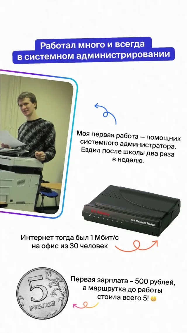 Первая работа — помощник системного администратора, два раза в неделю после школы. Интернет тогда был 1 Мбит/с на офис из 30 человек, первая зарплата — 500 рублей.