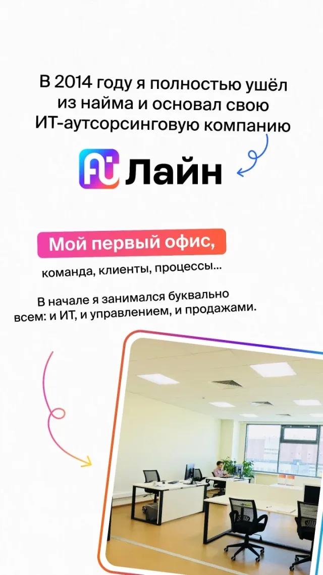 Логотип «Ай Лайн» и фотография первого офиса. В 2014 году ушёл из найма и основал свою ИТ-аутсорсинговую компанию, занимаясь сразу и ИТ, и управлением, и продажами.