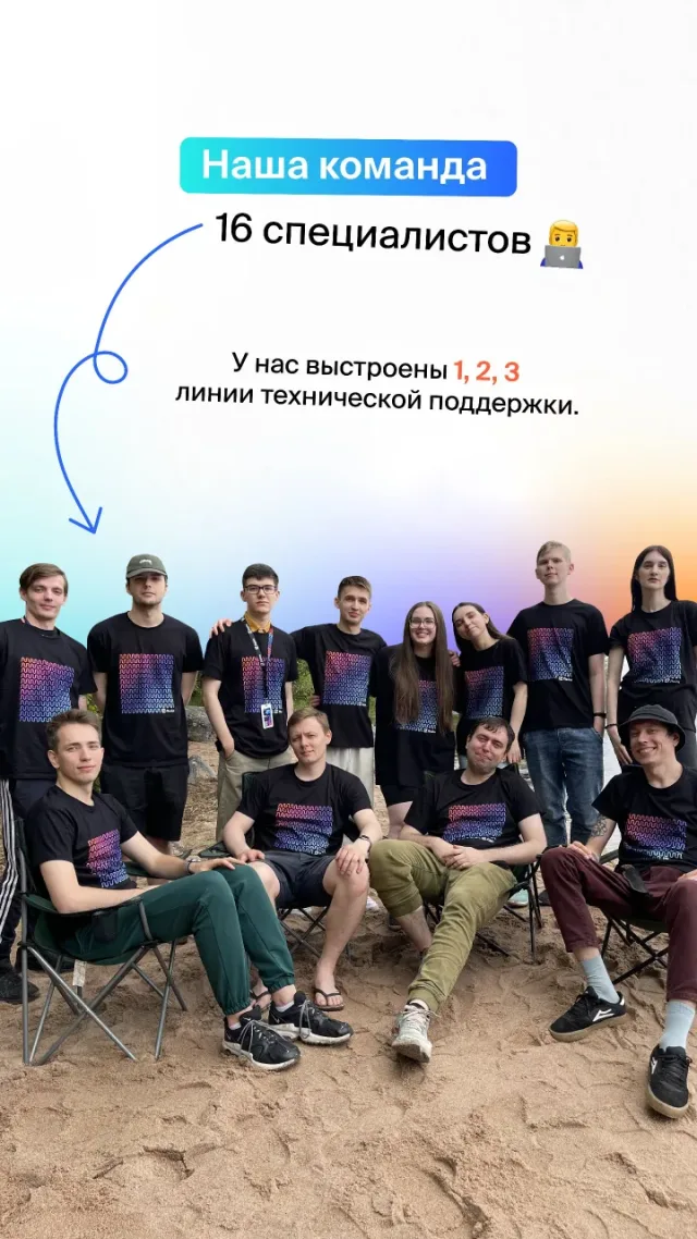 Команда «Ай Лайн» на природе: 16 специалистов в фирменных футболках. В компании выстроены первая, вторая и третья линии технической поддержки.